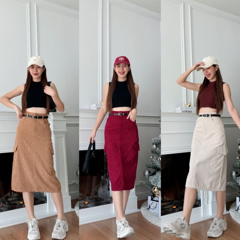 SALE 𝗖𝗔𝗥𝗚𝗢 𝗦𝗞𝗜𝗥𝗧 กระโปรงยาวแต่งกระเป๋าคาร์โก้ (ผ้าลูกฟูก)
