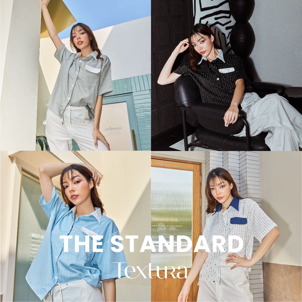 เสื้อเชิ้ตแขนสั้นรุ่นใหม่  THE STANDARD SHIRT เนื้อผ้าริ้วทอ ผิวเนียบเรียบ  ลุคเท่ๆและคงความเรียบ