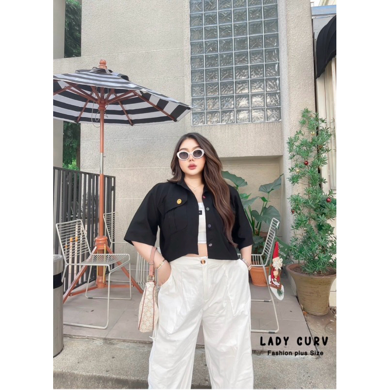 เสื้อเชิ้ตครอปกระดุมสีรุ้งสุดน่ารัก +เข็มกลัดหน้ายิ้ม plussize สาวอวบ