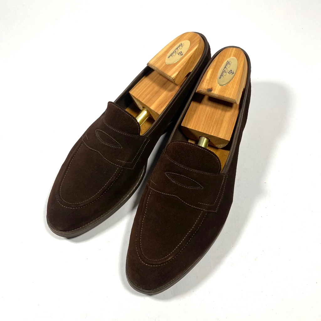 Edward Green Piccadilly dark brown suede penny loafers