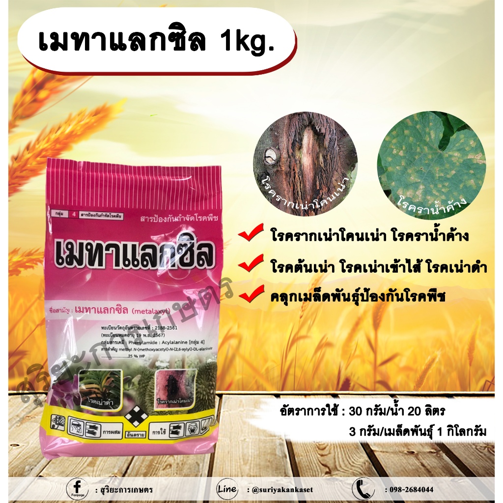 เมทาแลกซิล 1kg. เมทาแลกซิล โรครากเน่าโคนเน่า โรคราน้ำค้าง โรคต้นเน่า โรคเน่าเข้าไส้ โรคเน่าดำ คลุกเมล็ดป้องกันโรค โรคพืช