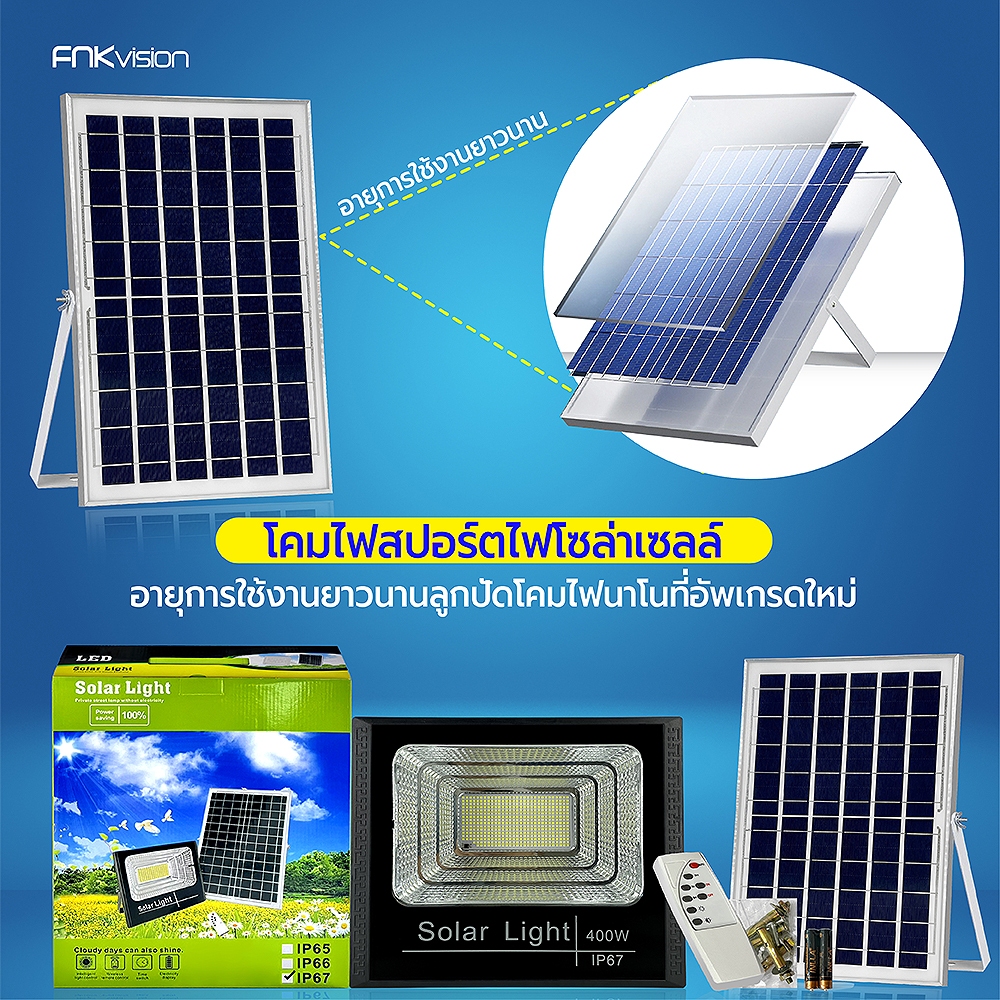 FNKvision ไฟโซล่าเซลล์ 400W กันน้ำกลางแจ้ง Solar light IP67 ป้องกันฟ้าผ่า Solar lightและกลางคืนสว่าง