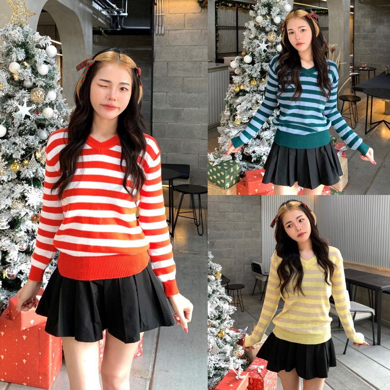 SpinnyHouse เสื้อแขนยาว ผ้าไหมพรมถัก ทอลายสลับสี ใส่ต้อนรับงานคริสมาสต์ไปเล้ย นางแบบใส่งานจริง รุ่น สเวตเตอร์เอลซ่า