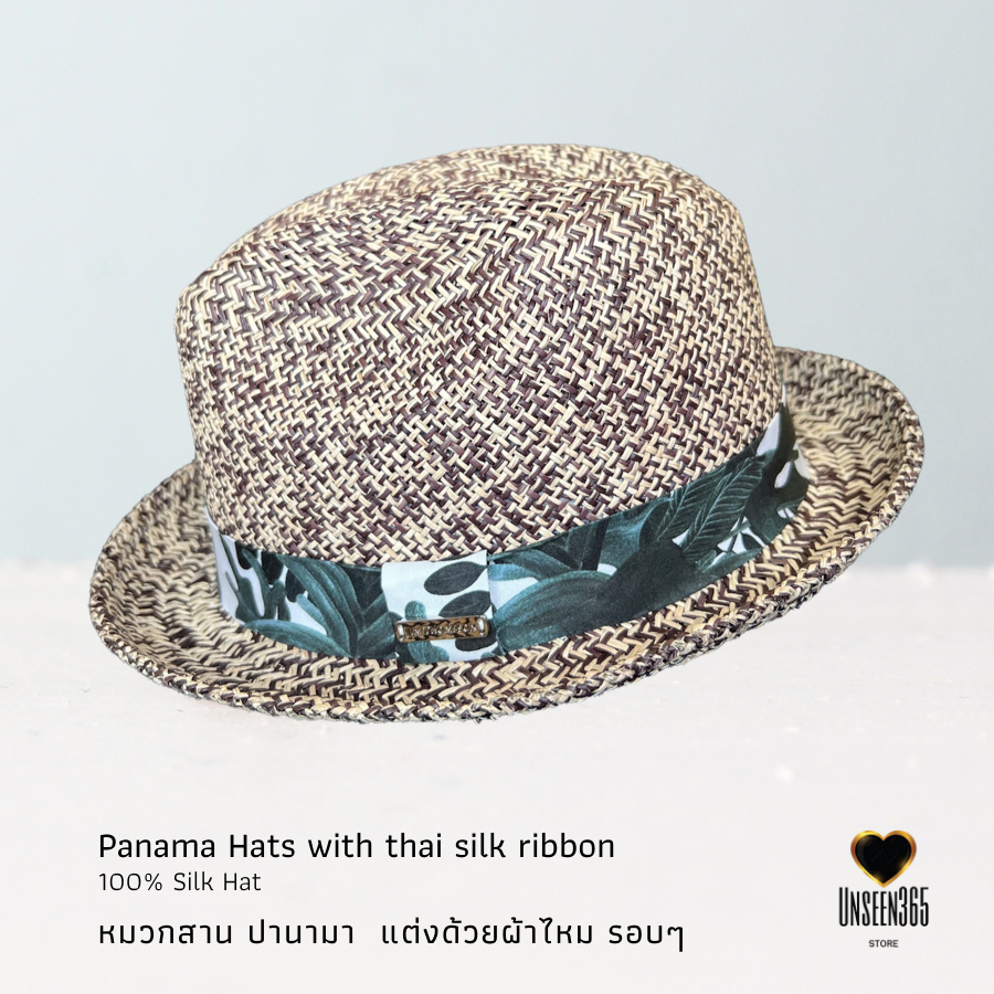 หมวกปานามา  แต่งด้วยผ้าไหม รอบๆ -Panama Hat with silk ribbon-Heaven nature green  -จิม ทอมป์สัน Jim Thompson