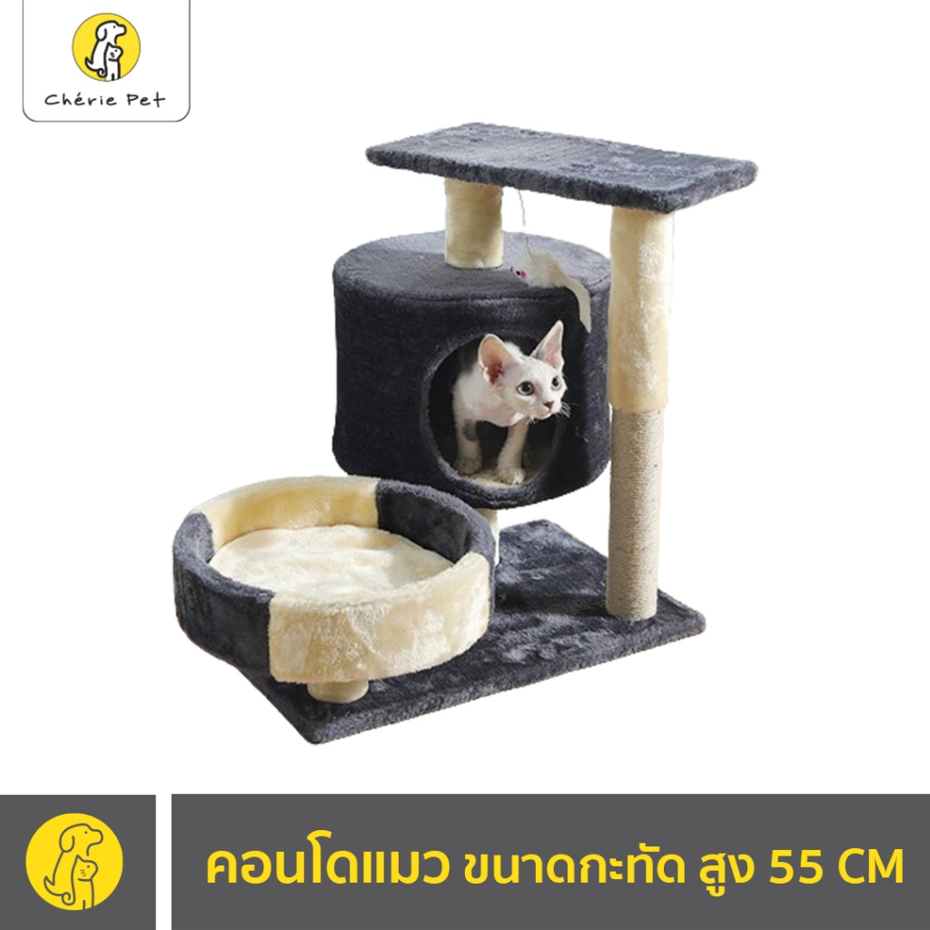 Cherie Pet シ คอนโดแมว บ้านแมว กำมะหยี่ ที่นอนแมว ขนาดกะทัดรัด เสาลับเล็บ คอนโดแมวเล็ก สูง 55 CM
