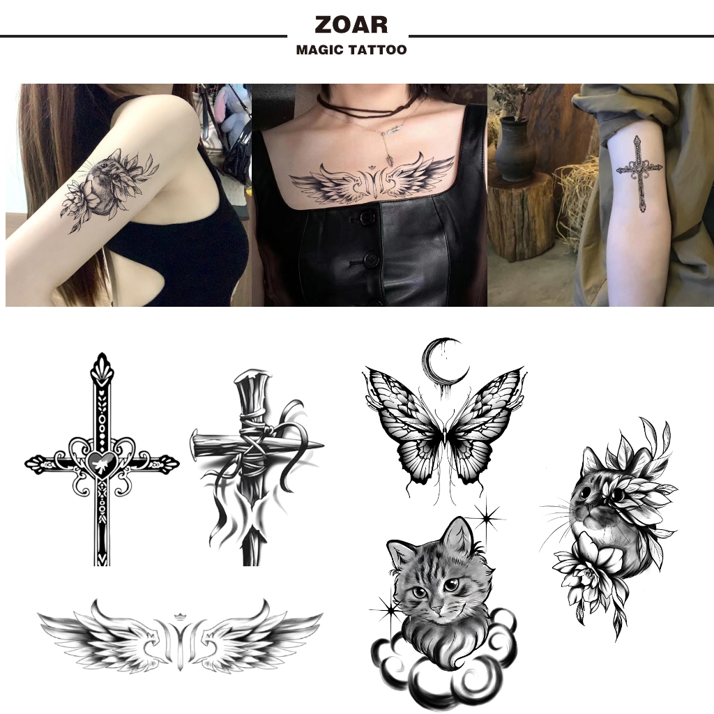 ZOAR พร้อมส่ง A018 Magic tattooสติ๊กเกอร์รอยสักสมุนไพร กันน้ำ กันรอย ยาวนาน กึ่งถาวร แสดงสี