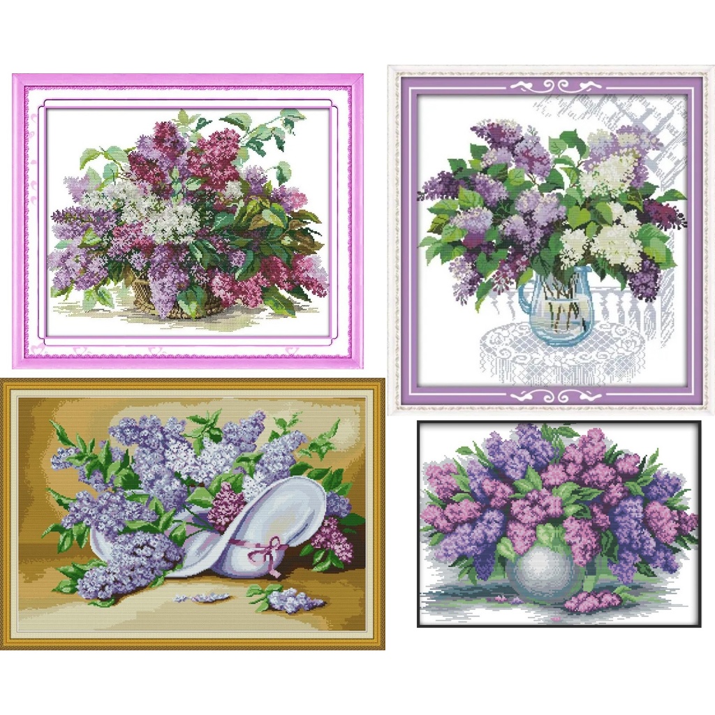 ชุดปักครอสติช ดอกไม้ ดอกไลแลค สีม่วง ตะกร้าดอกไม้ แจกัน (Lilac flower cross stitch kit)
