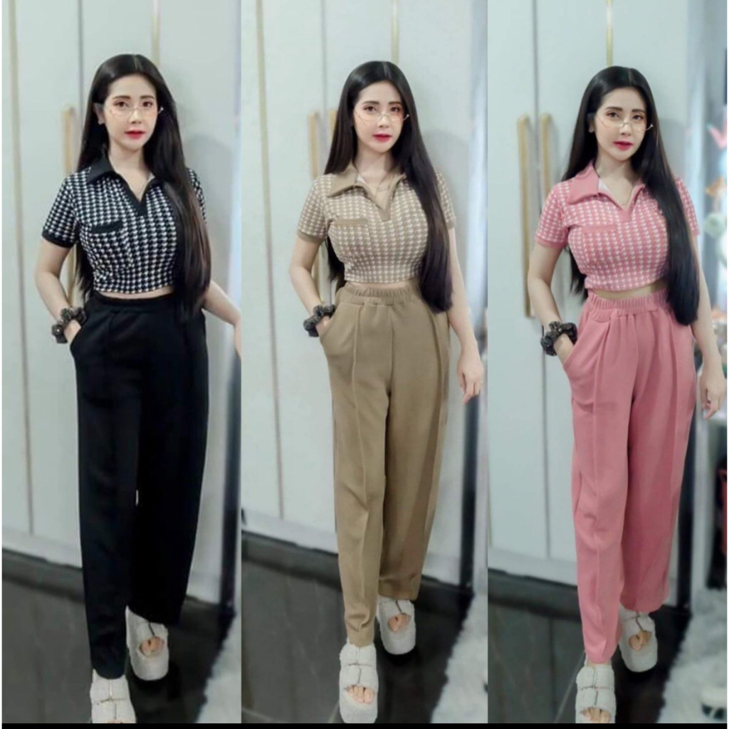 🌻DOS06🌻 ชุดเซ็ท 2 ชิ้น เสื้อ+กางเกงขายาว ครอปคอปก มีกระเป๋าข้างใช้งานได้จริง งานน่ารักมากก ผ้าดีไม่บ
