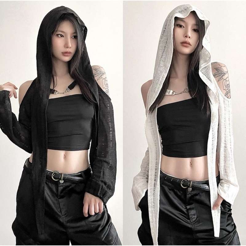 [N1]พร้อมส่งในไทย (สีดำ/ขาว)เสื้อคลุมมีฮูด y2k สไตล์สตีท