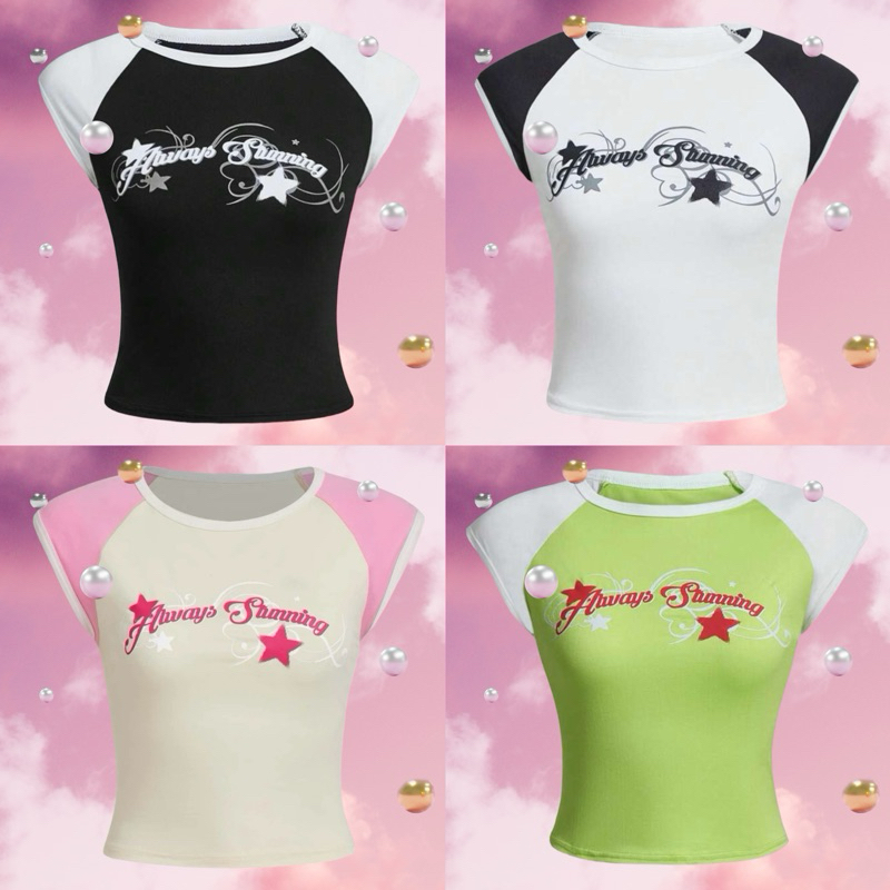 เสื้อยืด น่ารัก y2k สายฝอ กราฟฟิค ตัวอักษร บล็อคสี แขนแร็กแลน