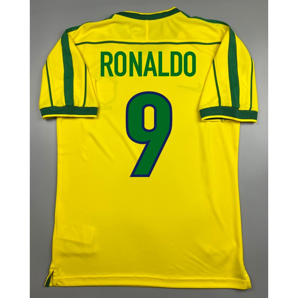เสื้อบอล ย้อนยุค ทีมชาติ บราซิล 1998 เหย้า Retro Brazil Home พร้อมเบอร์ชื่อ 9 RONALDO เรโทร คลาสสิค