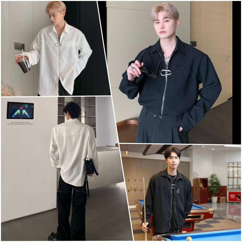 -พร้อมส่ง- CTA33 เสือเชิ้ตแฟชั่นผู้ชายสไตล์โอปป้าเกาหลี แบบมีซิปรูดคอปก สีขาว/ดำ M-2XL
