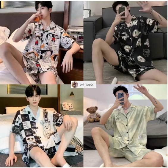 L-3XL(ราคาถูกที่สุด)ชุดนอนผ้าซาตินสําหรับผู้ชายdv7_tbqj0x， ลายการ์ตูน， ความนิยมของแฟชั่น， ขาสั้น+เสื้อ