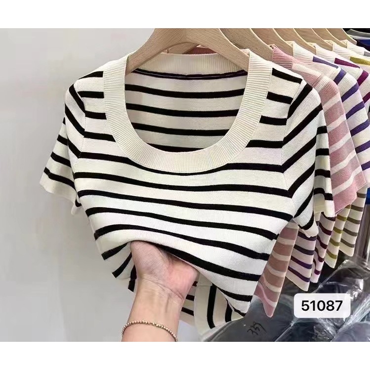 เสื้อครอปไหมพรม เสื้อครอป ครอปไหมพรมลายขวาง เสื้อแฟชั่นผู้หญิงยอดฮิต มาแรง pg_market