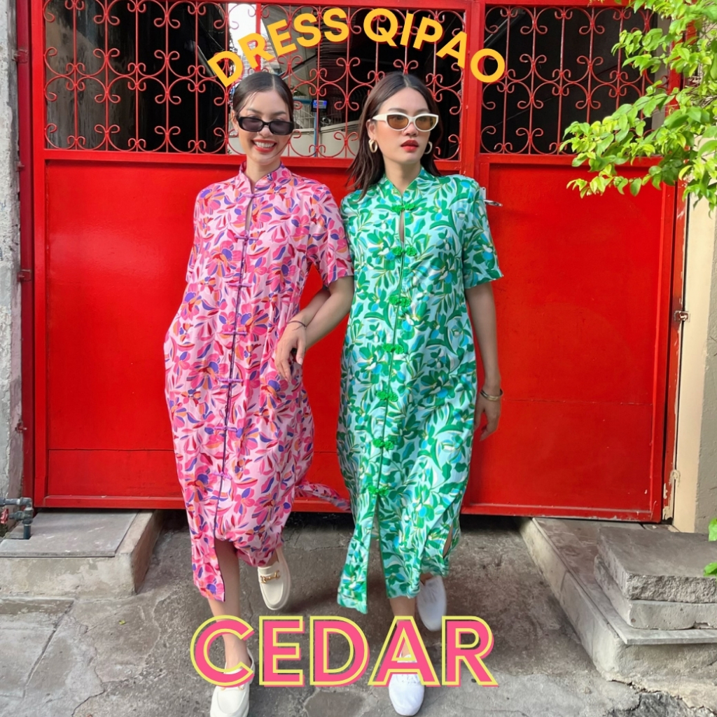 THONGYOY-Dress qipao Cedar เดรสคอจีนกี่เพ้าลายดอกสีหวาน ชุดตรุษจีนพร้อมส่งผ้านิ่มใส่สบาย