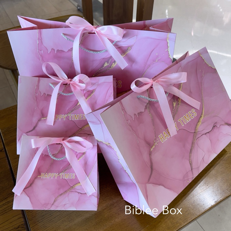 ꒰1ใบ꒱ถุงกระดาษ HAPPY TIMES สีชมพูหวานฉ่ำ ริบบิ้น สีชมพู