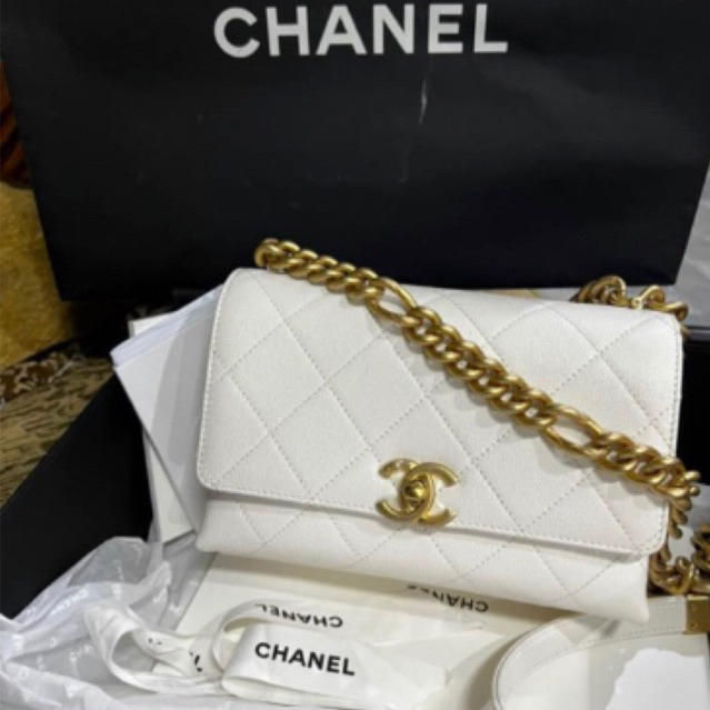 🔥Like New🔥กระเป๋า Chanel flap mini 8 bag gold chain white caviar Microchip 21B 💕Fullset(Shop emquartier) แท้ 💯%