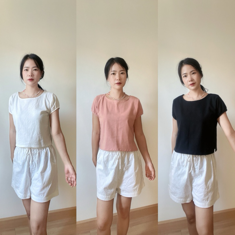 เสื้อครอปผ้าฝ้าย ดีเทลแขนตุ๊กตา ผ่าข้าง top crop