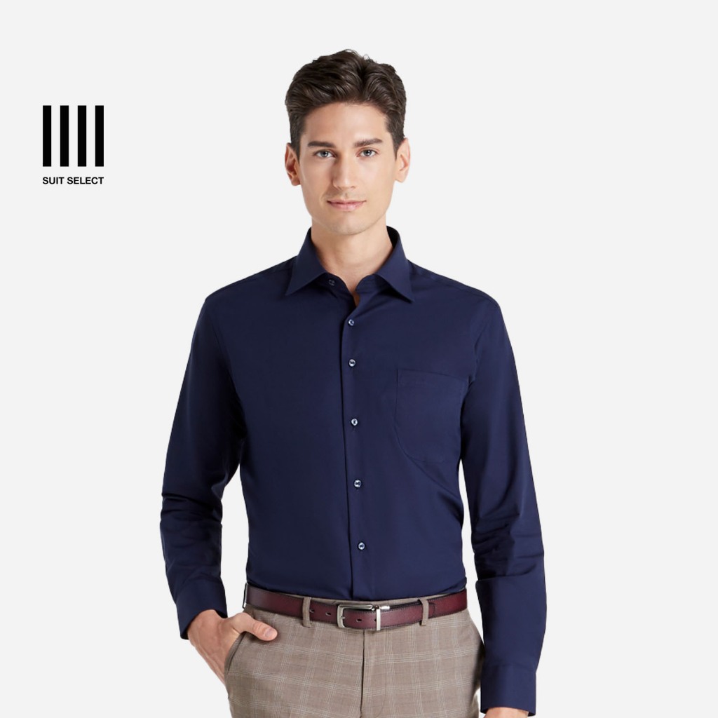 Wide Spread Plain Shirt (Navy) เสื้อเชิ้ตทำงานสีน้ำเงิน ทรงสลิม