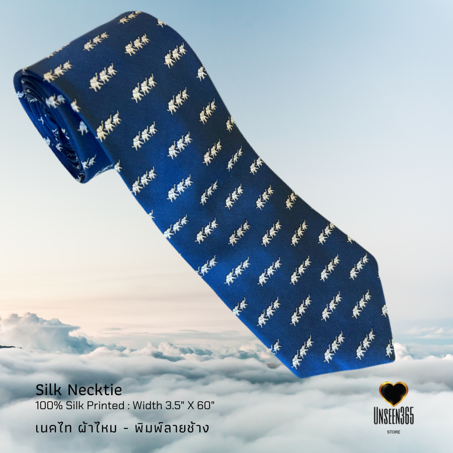 เนคไทผ้าไหม พิมพ์ลายช้าง สีฟ้า -TE 01 -Silk necktie 100% Silk Printed - จิม ทอมป์สัน Jim Thompson