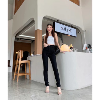 กางเกงยีนส์ขาเดฟดำซิป เอวสูงปรี๊ด super black ยืด ขายาว ไม่ลอย ใส่ทำงานได้ สวยเป๊ะ