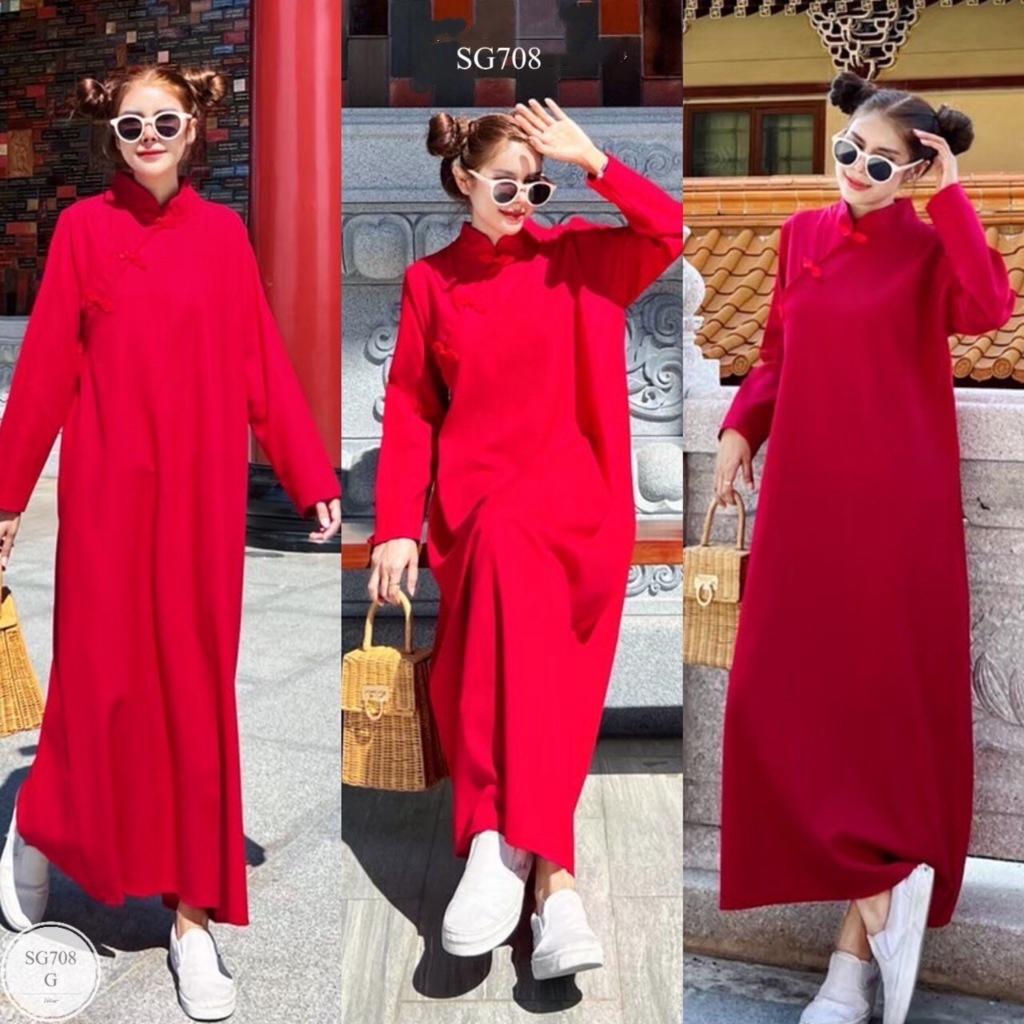 SG708  เดรสยาวคอจีน แต่งกระดุม จีนสวยๆ ดีเทลคอเบี่ยง งาน ทรงปล่อย ใส่สบาย รุ่นนี้มี ทั้งแขนยาว ความย