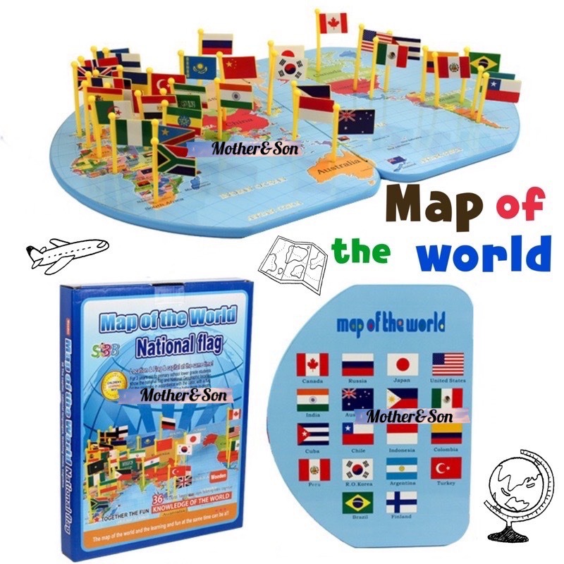 Nation Flag เวอร์ชั่นอังกฤษ✅ แผนที่โลก พร้อมธงปักนานาชาติ งานไม้ 🌏 Map of the World National Flag