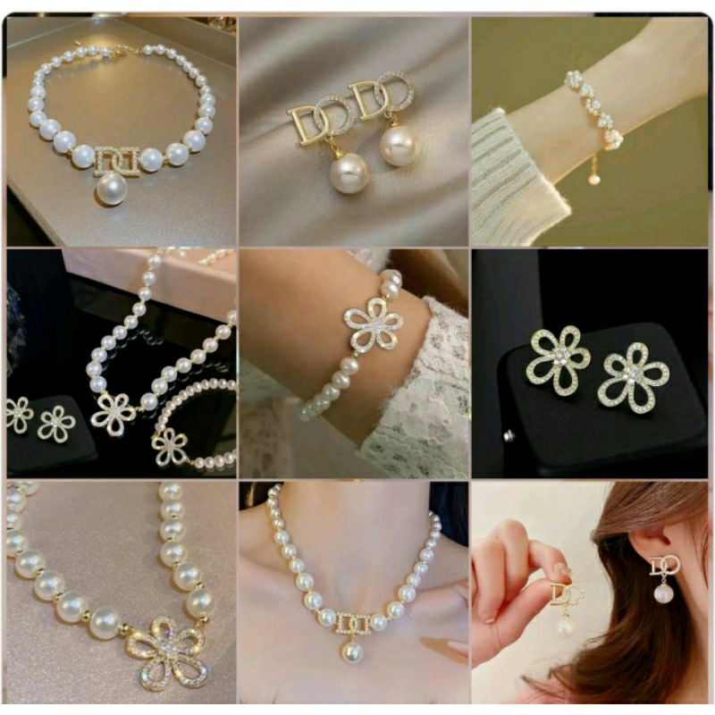 พร้อมส่ง ชุดมุกประดับเพชรออกงาน 1Set มีสร้อย ต่างหูทอง ตุ้มหูมุก คริสตัล สร้อยข้อมือ หรูหราแบรนด์งานแต่ง ชุดเดรส สวยมาก