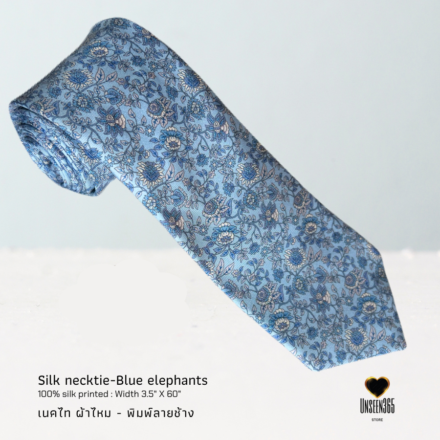 เนคไทผ้าไหม พิมพ์ลายช้างฟ้า Silk necktie printed ฺฺBlue Elephants  AL 03 - จิม ทอมป์สัน -Jim Thompson