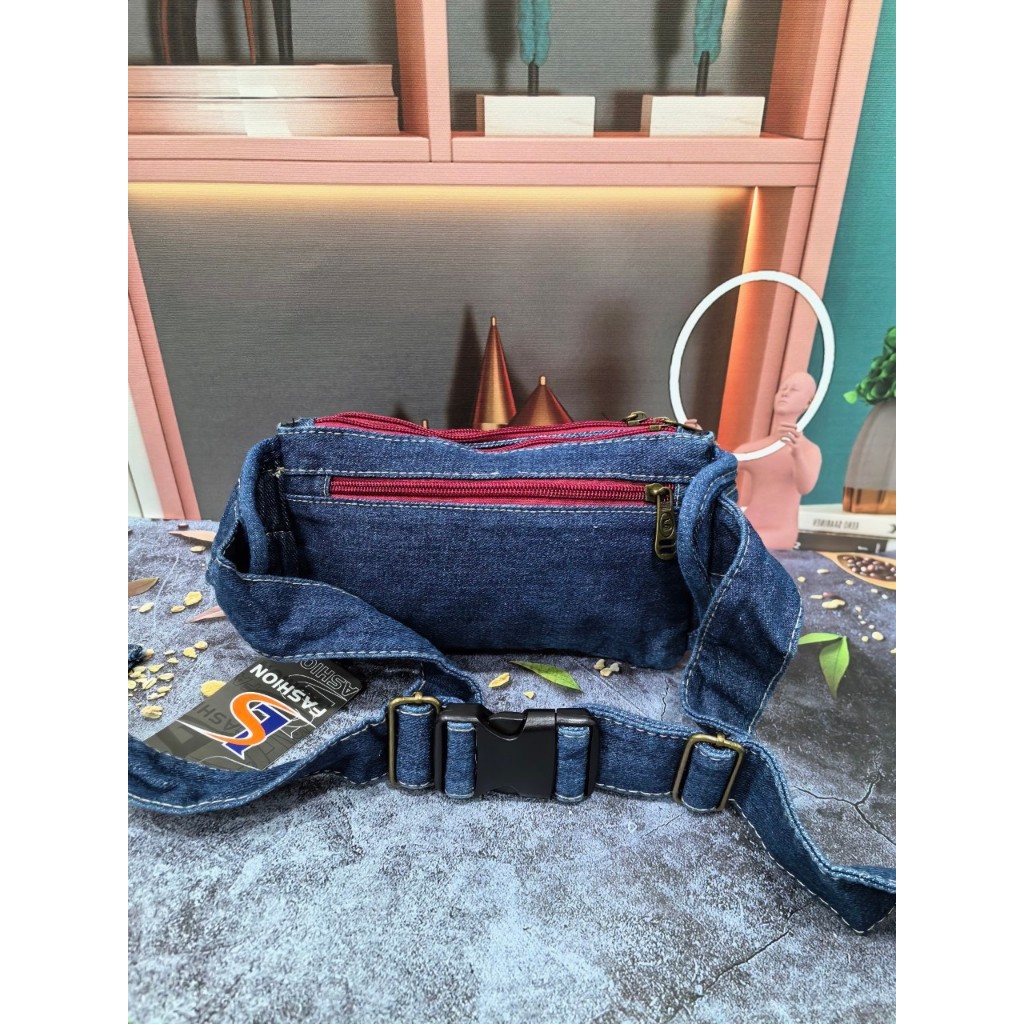 กระเป๋าคาดเอวใบกลางผ้ายีน สะพายคาดอก กระเป๋าสะพายอเนกประสงค์ - รูปที่ 3