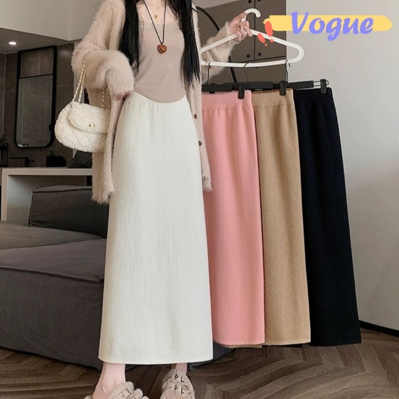 Vogue พร้อมส่ง  กระโปรงยาว ไหมพรม สีพื้น ผ้าร่อง (F42)