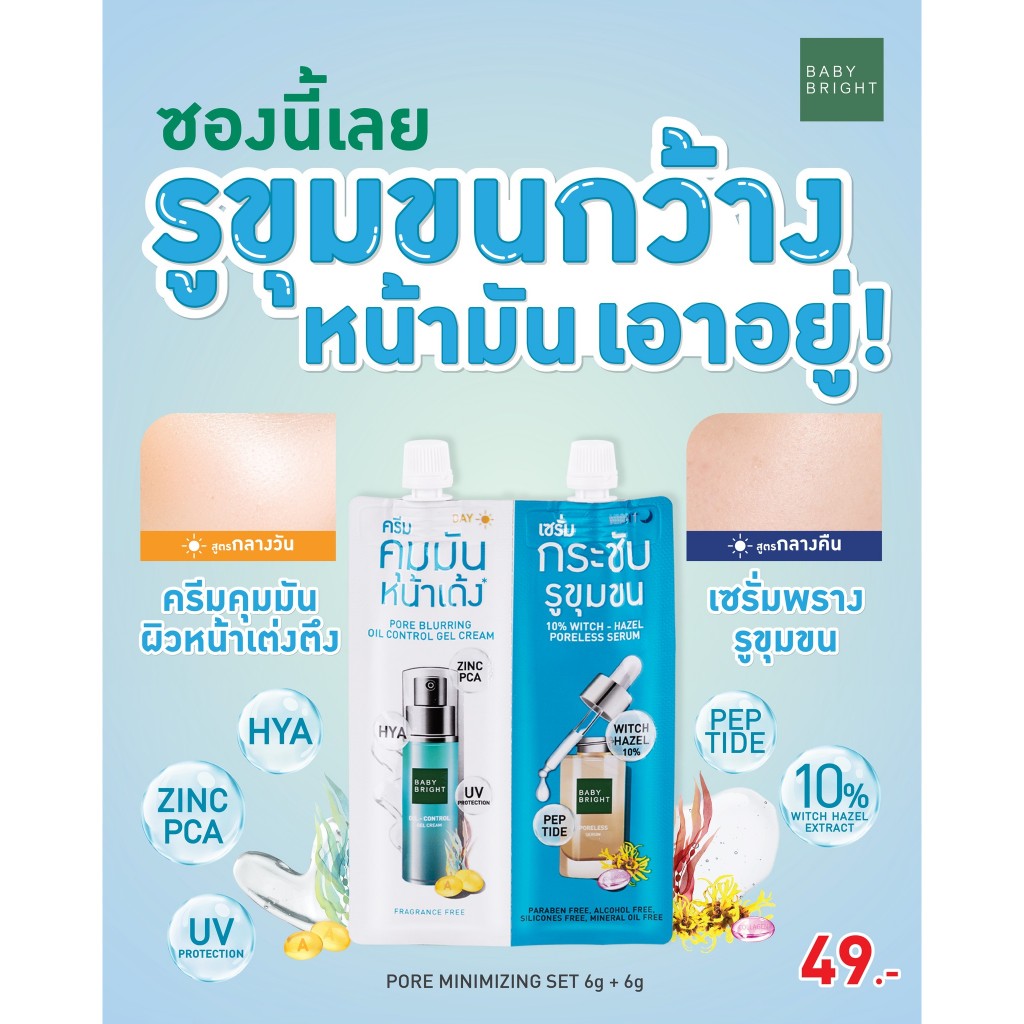 【ซองคู่สีฟ้า】เซรั่ม 2in1 ครีมพรางรูขุมขน ช่วยลดความมัน Baby Bright Pore Minimizing Set 6กรัม+6กรัม
