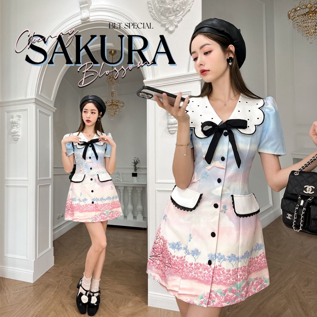 BLT❤️Size XXL❤️(มือ1) SP178 BLT SPECIAL Sakura Blossom : Mini Dress Detail : มินิเดรสไล่สีฟ้าชมพูตัดด