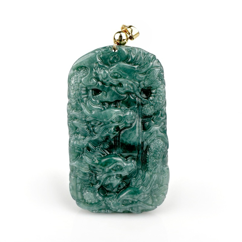 PDJA-9D-BL จี้หยกแกะลายมังกร จี้หยกมังกรเก้าตัว(9มังกร) หยกแท้ Jadeite A พร้อมเชือกร่มสำหรับร้อยขึ้นคอ