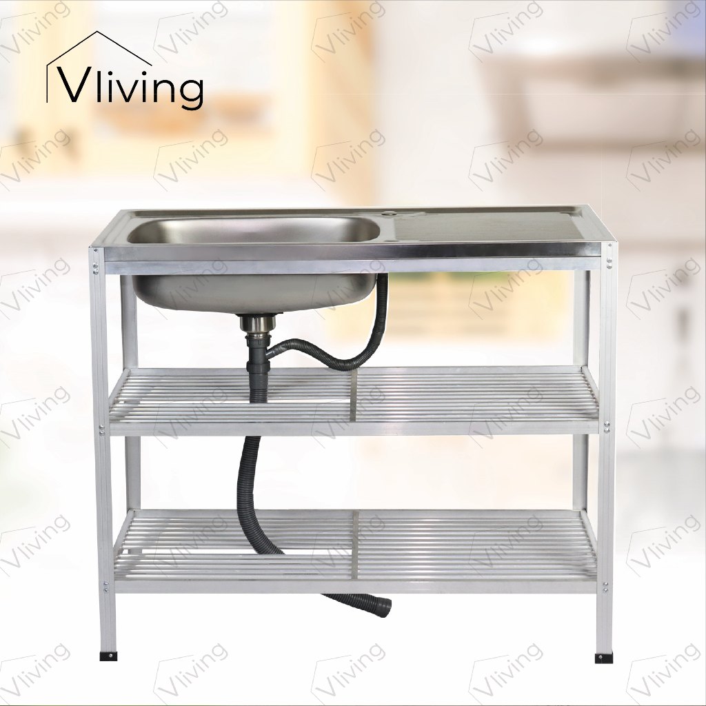 Vliving ซิ้งค์ล้างจาน อ่างล้างจาน สแตนเลส 3 ชั้น 100cm สะดือตะกร้าใหญ่ – โปรปัง