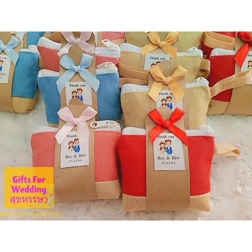 กระเป๋าใส่เหรียญเนื้อผ้ากระสอบ คาดกระดาษน้ำตาล ติดโบว์  🎉แถมสติ๊กเกอร์ ของชำร่วย - รูปที่ 5