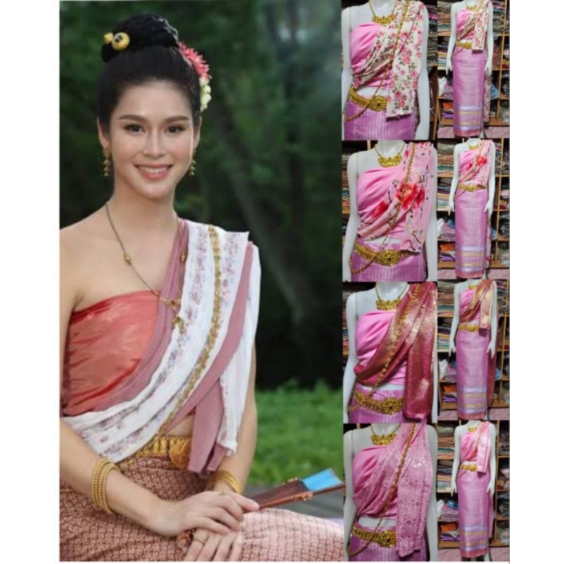 ชุดไทยแม่เรียม ชุดไทยสไบลายดอก เกาะอกพันเอง (ไม่รวมเครื่งประดับ)