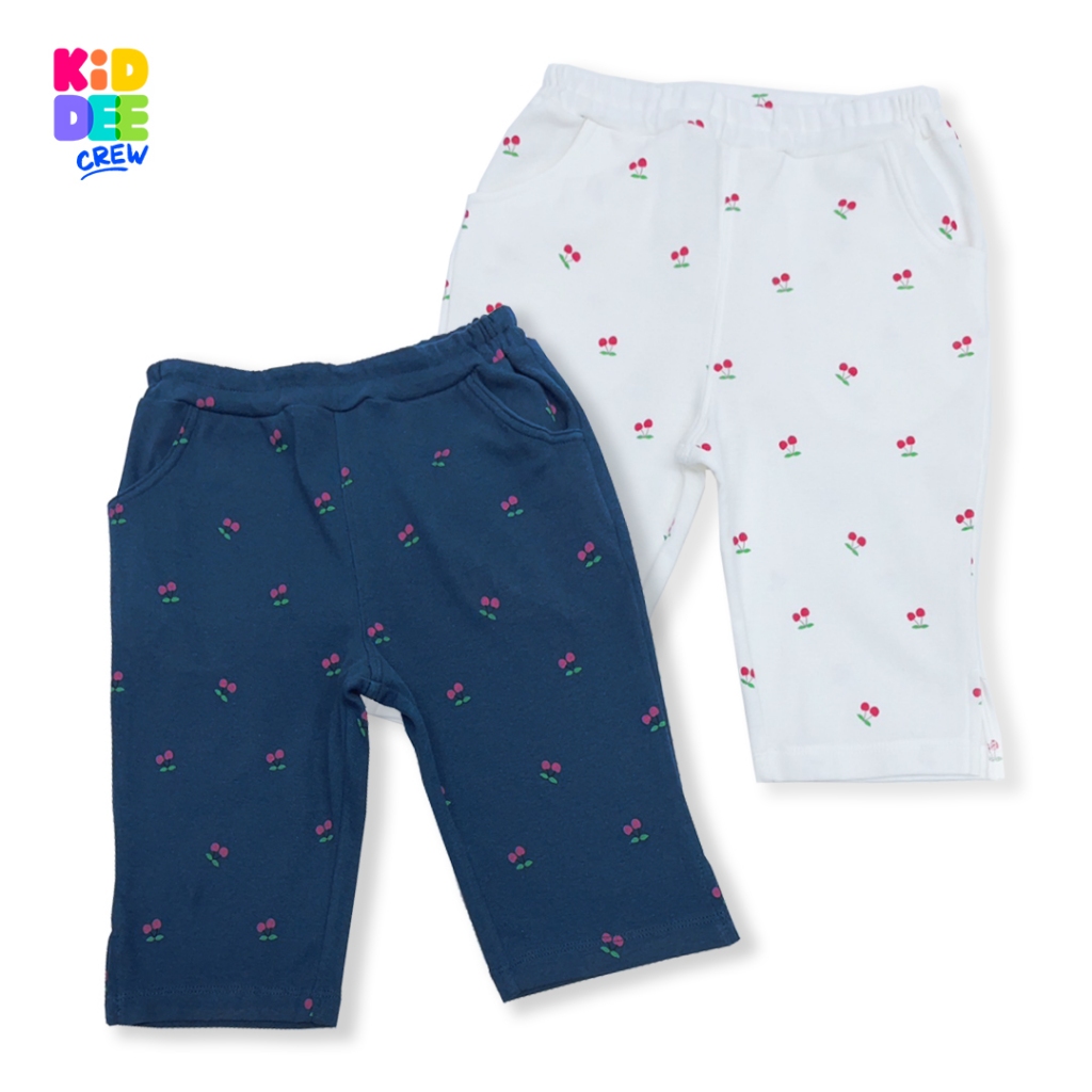 KiddeeCrew กางเกงเด็ก ลายเชอรี่มีกระเป๋า ผ้าcotton มี 2 สี ขาสามส่วน เหมาะสำหรับอายุ 1-10 ปี