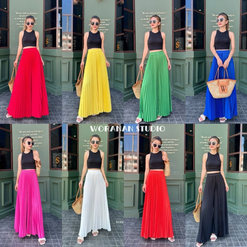 กางเกงอัดพลีทขายาวเอวสม๊อคทรงปลายบานงานสีพื้นสีสันสดใส