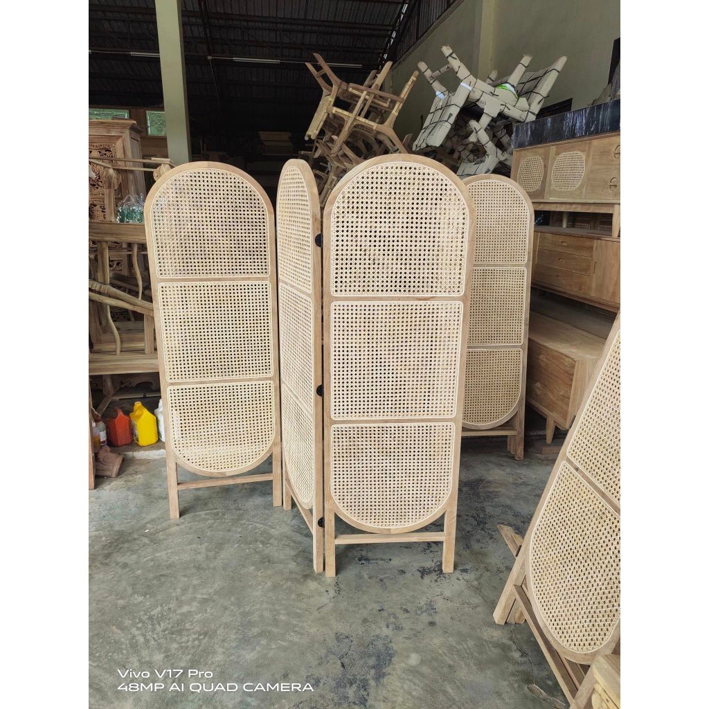 ✅ พร้อมส่ง ✅ Folding Door Teak Rattan Partition  ฉากกั้นห้อง มินิมอล 3บานพับ ไม้สักหวายแท้ 100%