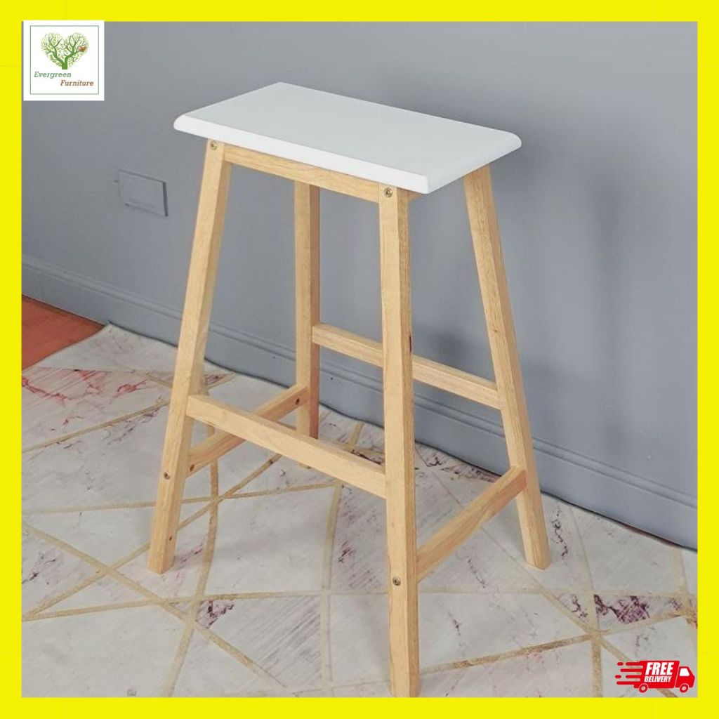 เก้าอี้บาร์ เก้าอี้สตูลไม้ยางพารา ทรงเหลี่ยม รุ่นที่นั่งสีขาว
