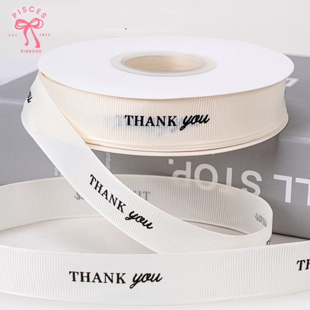 1 ม้วน 【50 หลา】 * ริบบิ้นผ้ากรอสเกรนมินิมอลสกรีนลาย Thank you ผูกของขวัญวันเกิด ผูกช่อดอกไม้ ตกแต่งต่างๆ