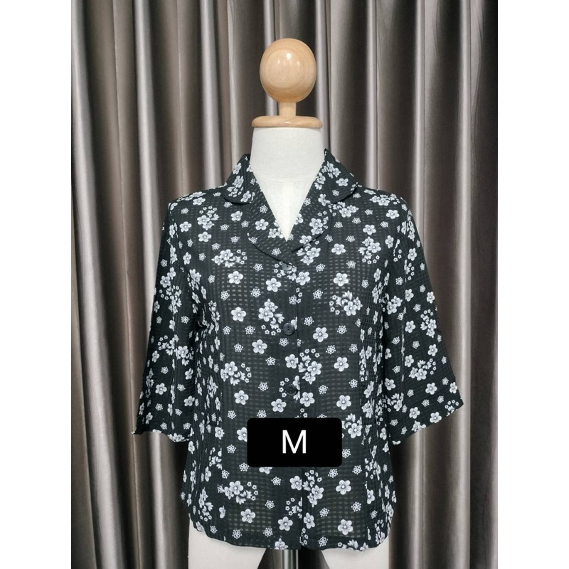 เสื้อผ้าคนแก่แขนสามส่วนคอฮาวาย สีขาวดำ ไซส์ (M-XXL)