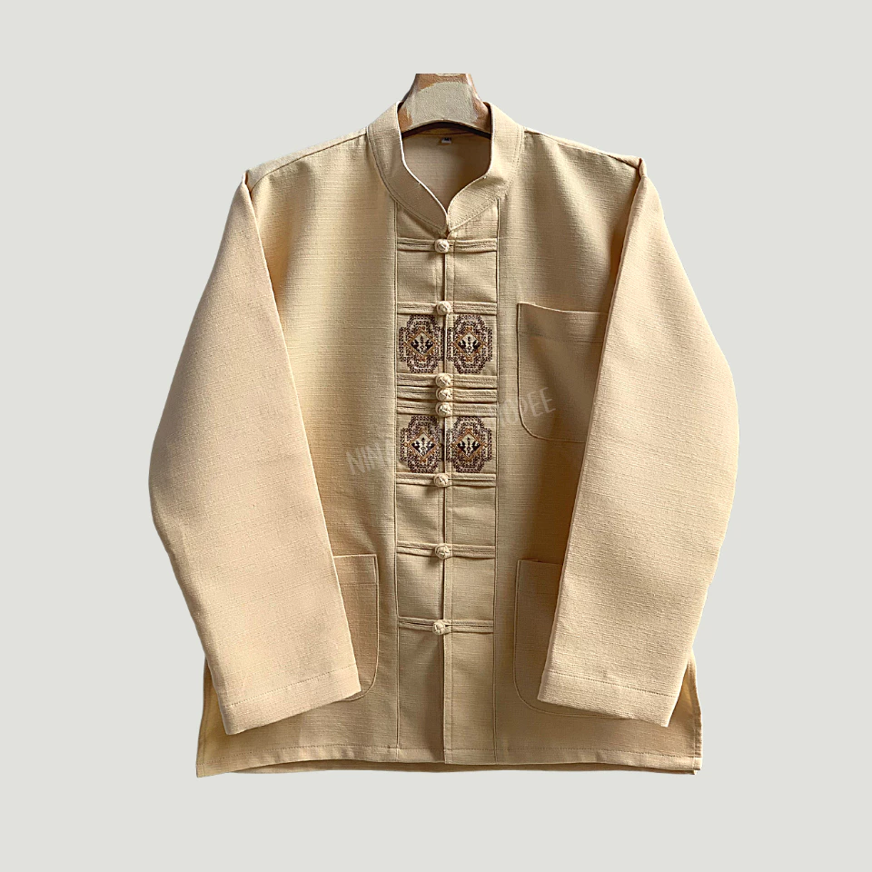 เสื้อคอผ้าฝ้ายชินมัยจีนผู้ชายแขนยาวอัดกาว ลายหงส์ในโคมอัตลักษณ์ประจำจังหวัดเชียงใหม่ ทรงสวยงามโดดเด่น งานสวยดูดีตัวท็อป
