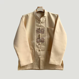 เสื้อคอผ้าฝ้ายชินมัยจีนผู้ชายแขนยาวอัดกาว ลายหงส์ในโคมอัตลักษณ์ประจำจังหวัดเชียงใหม่ ทรงสวยงามโดดเด่น งานสวยดูดีตัวท็อป