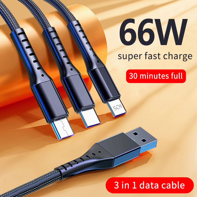 Data 3-in-1 Nylon Fast Charge 6A Micro + Type C+ iOS 120cm Support Fast Charge / Flash Charge