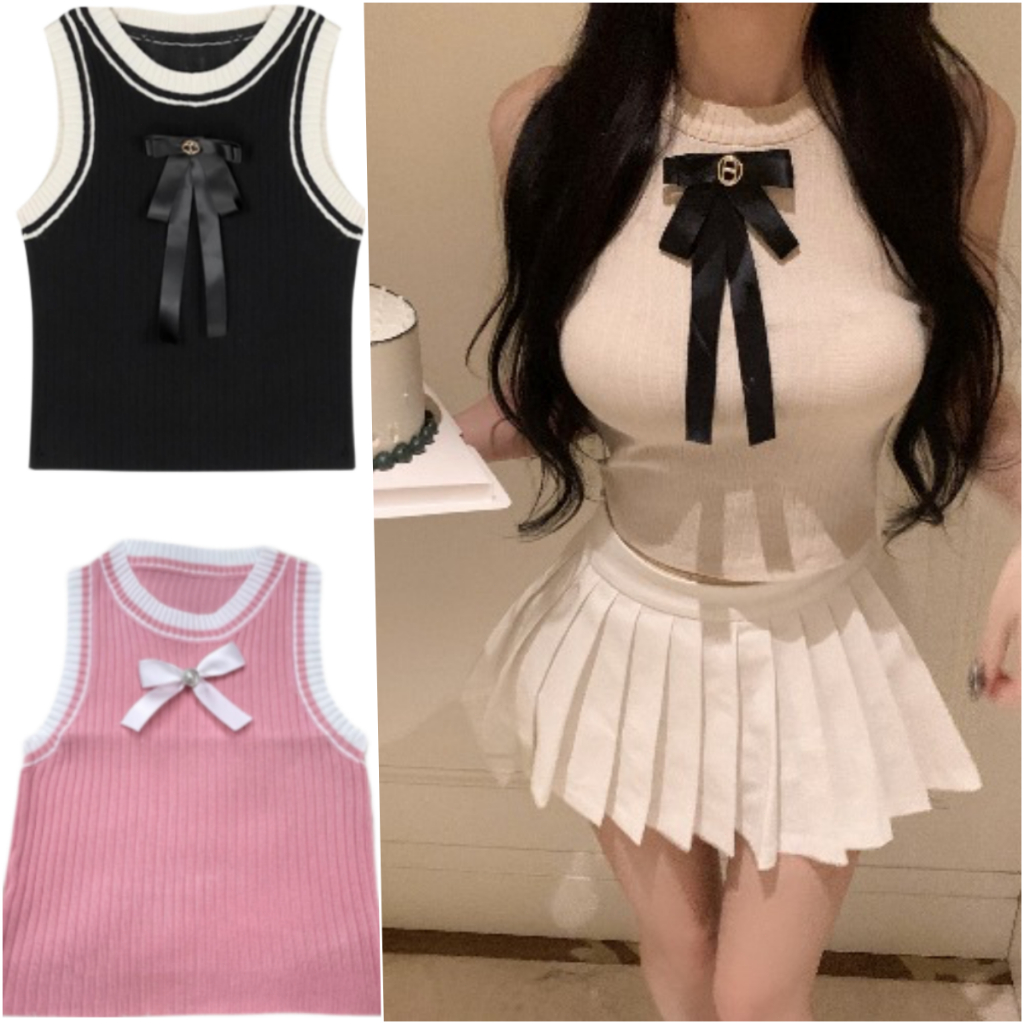 พร้อมส่ง  เสื้อไหมพรมเรย่อน งานรัดรูป แต่งเข็มกลัดโบว์ดำ แฟชั่นสไตล์สาวเกาหลี