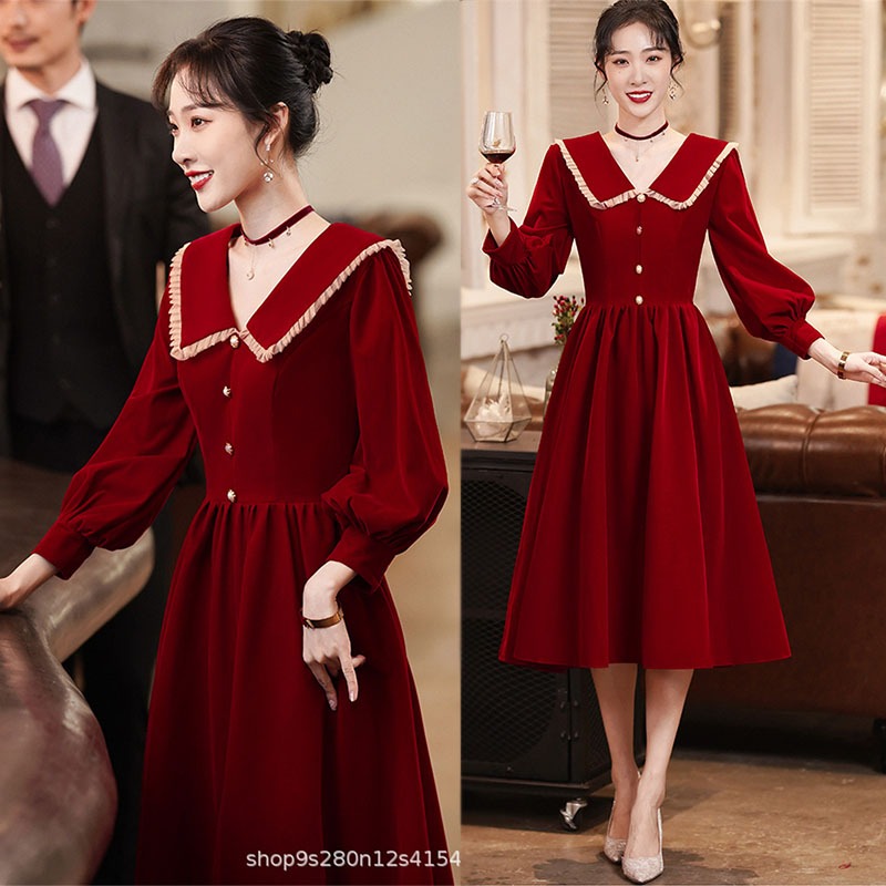 ชุดแขนยาวสีแดงของผู้หญิงต้นฤดู ชุดคริสมาสหญิง ชุดคริสต์มาส