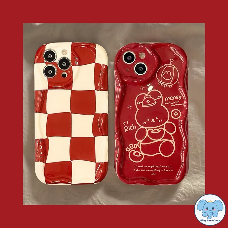 กระดานการ์ตูนสีแดงปีใหม่ Fumeng กรณีโทรศัพท์กระต่าย iPhone 11 15 12 13 14 Pro Max 8 7 Plus X XR XS Max SE 2020 ปกเงา