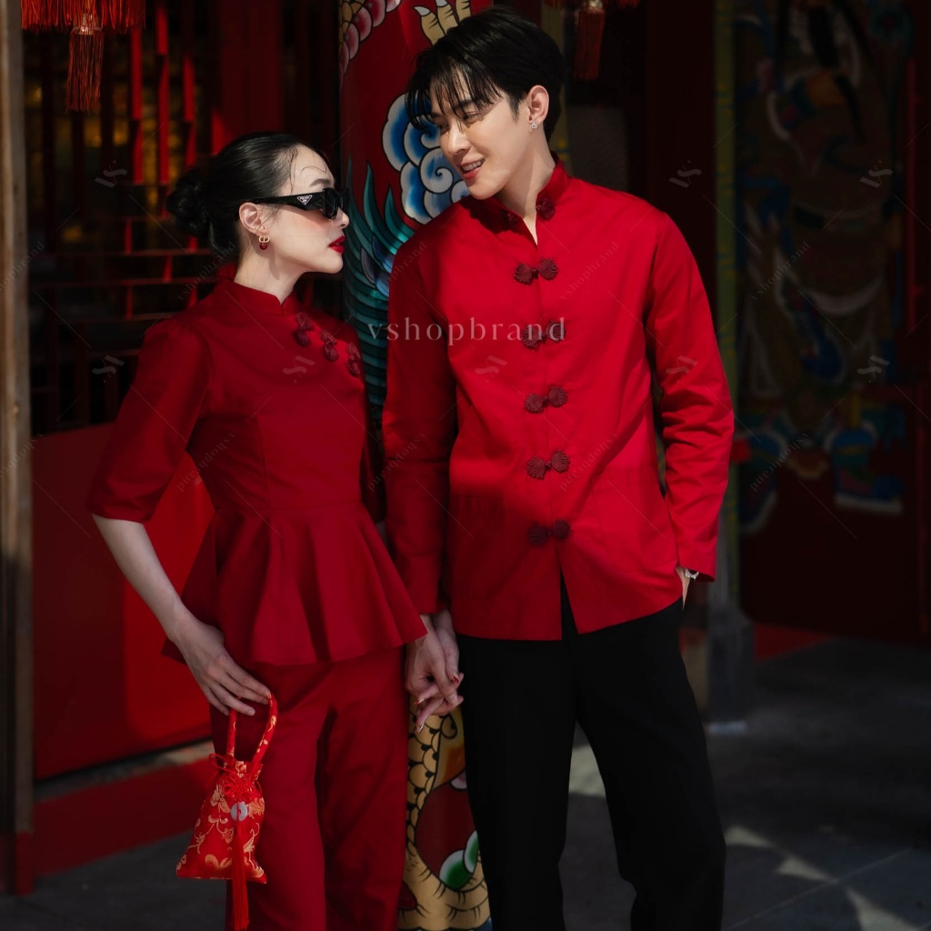 Set ชุดคู่ตรุษจีน ชุดใส่รับอั่งเปา ชุดคู่ ชุดคู่กี่เพ้า ไปงาน ออกงาน วันตรุษจีน เสื้อคอจีน ถ่ายพรี ช